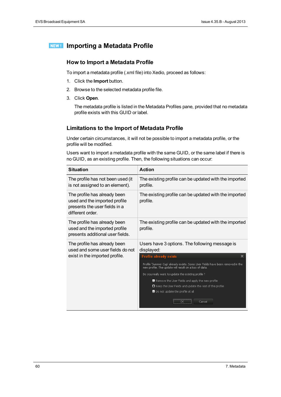 Importing a metadata profile | EVS XEDIO Manager Version 4.35 - August 2013 User Manual User Manual | Page 70 / 142
