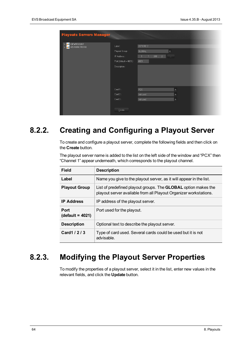 Creating and configuring a playout server, Modifying the playout server properties | EVS XEDIO Manager Version 4.35 - August 2013 User Manual User Manual | Page 74 / 142