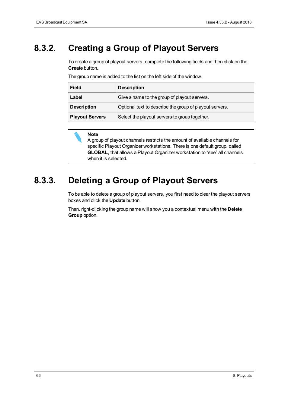 Creating a group of playout servers, Deleting a group of playout servers | EVS XEDIO Manager Version 4.35 - August 2013 User Manual User Manual | Page 76 / 142