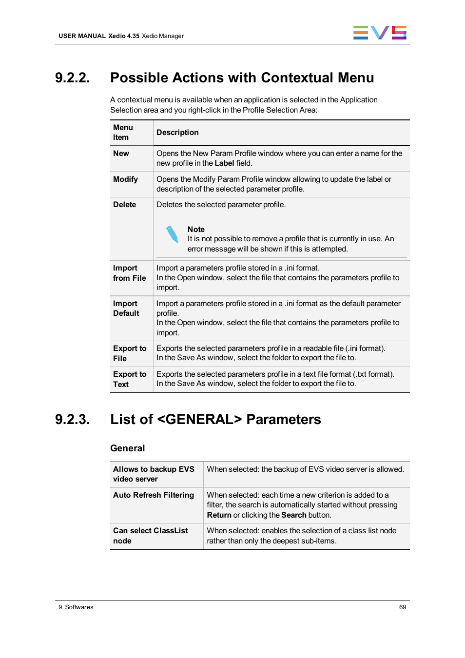 Possible actions with contextual menu, List of <general> parameters | EVS XEDIO Manager Version 4.35 - August 2013 User Manual User Manual | Page 79 / 142