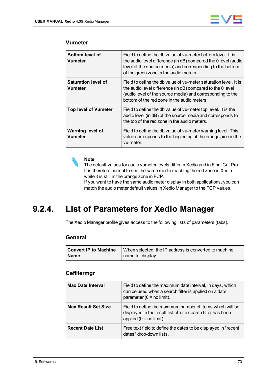 List of parameters for xedio manager | EVS XEDIO Manager Version 4.35 - August 2013 User Manual User Manual | Page 83 / 142