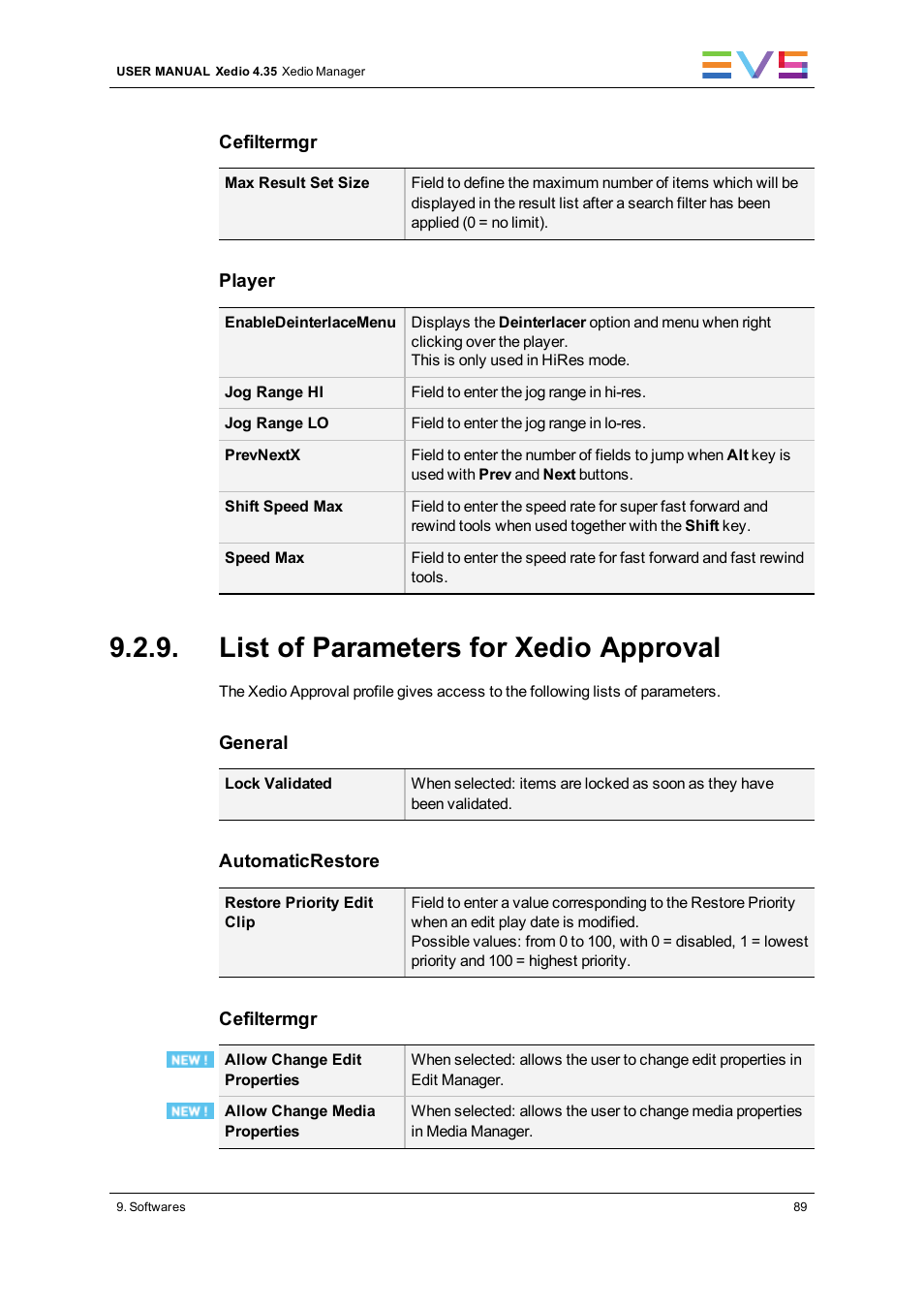 List of parameters for xedio approval | EVS XEDIO Manager Version 4.35 - August 2013 User Manual User Manual | Page 99 / 142