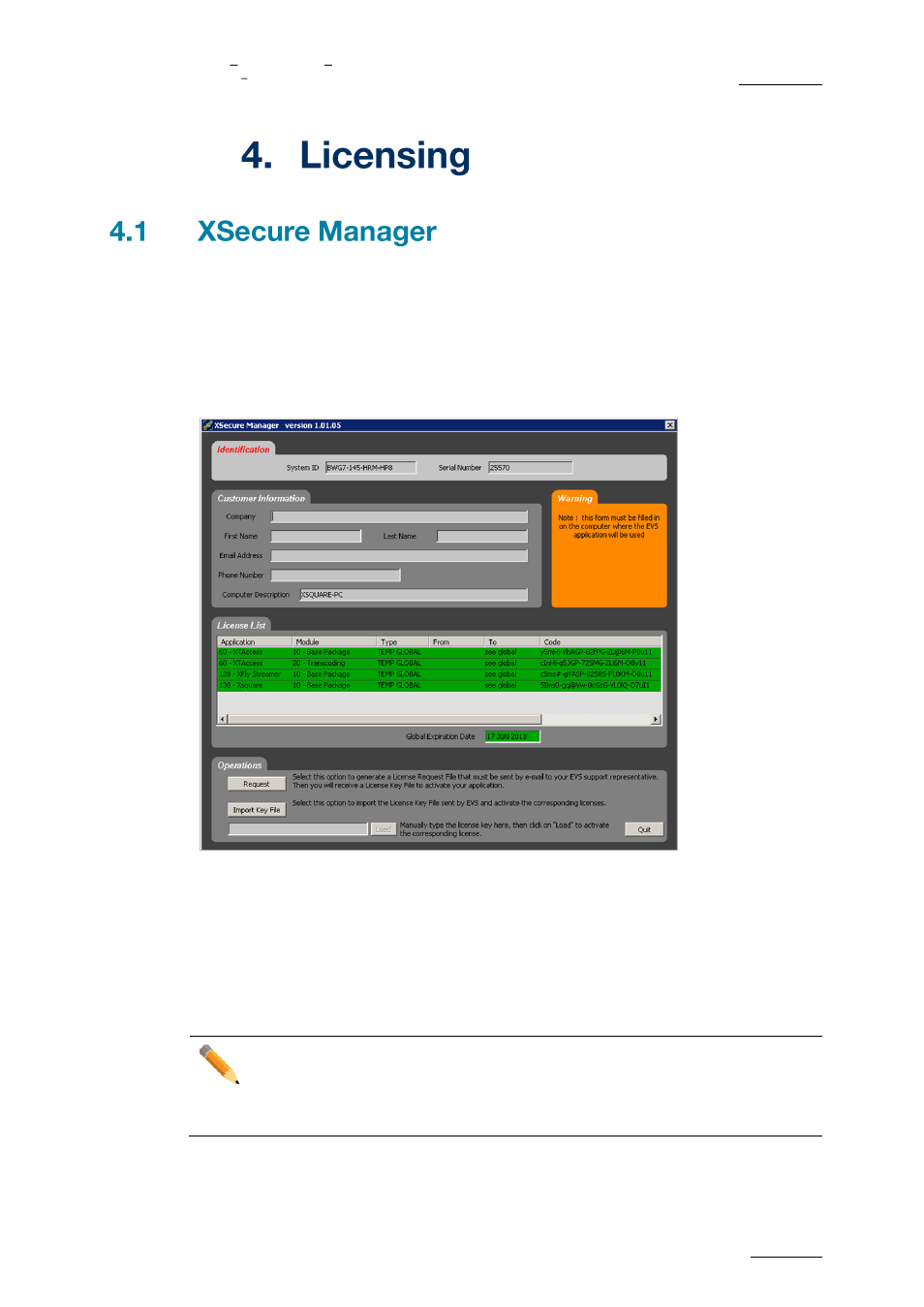 Icensing, Xsecure manager | EVS XFLY Streamer Version 1.03 - September 2013 User Manual User Manual | Page 11 / 26