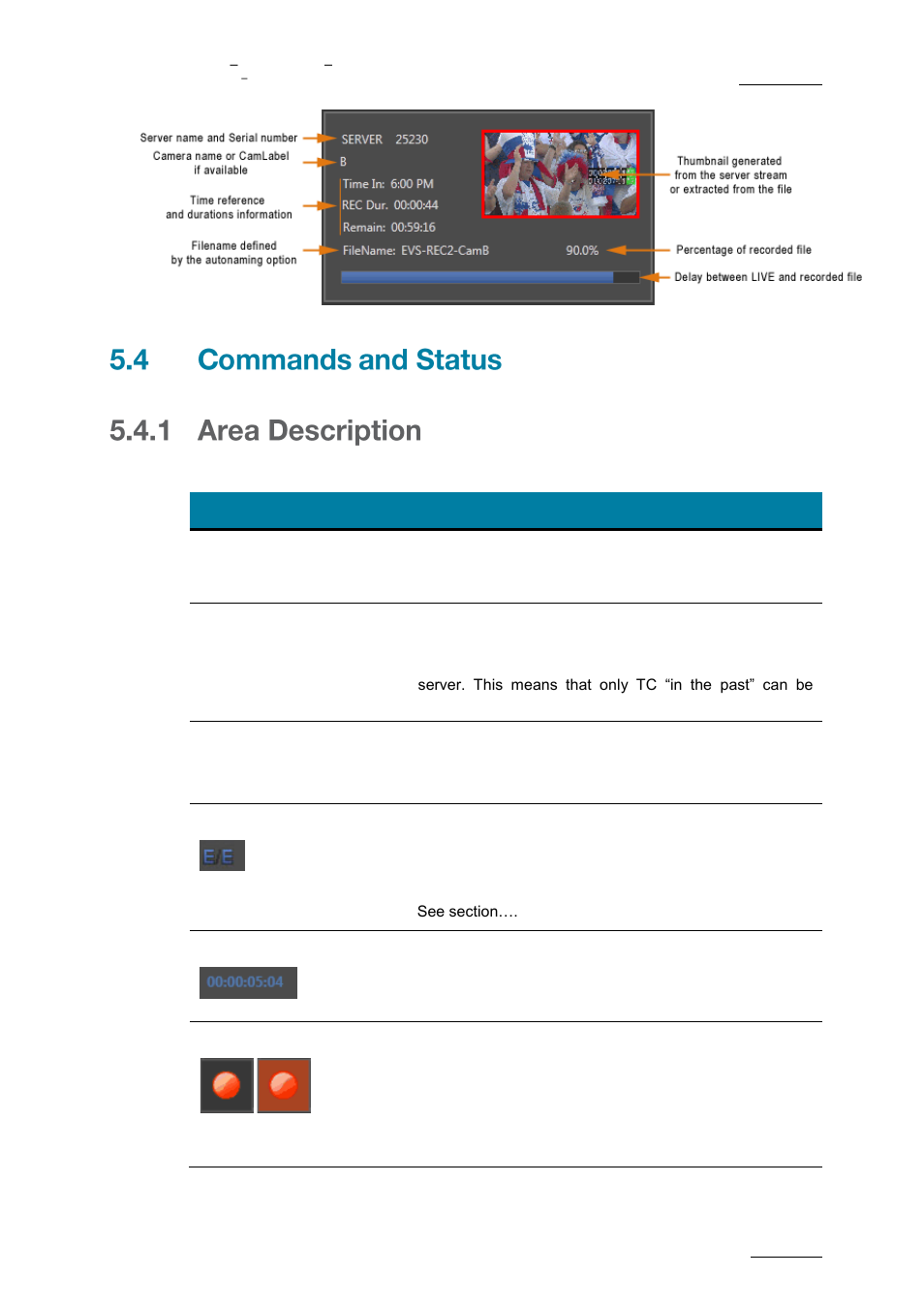 Commands and status, Area description | EVS XFLY Streamer Version 1.03 - September 2013 User Manual User Manual | Page 15 / 26