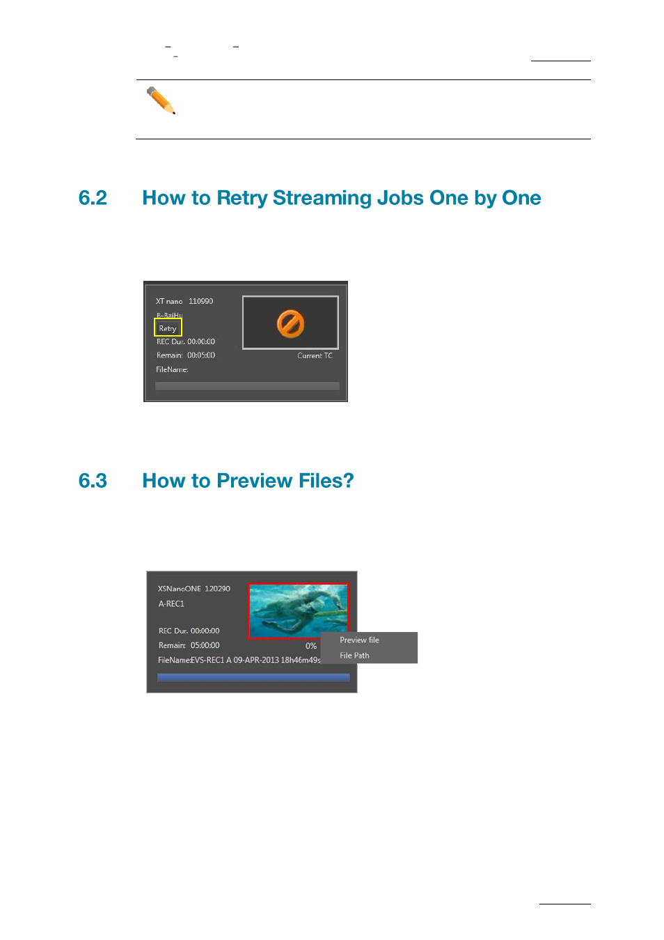 How to retry streaming jobs one by one, How to preview files | EVS XFLY Streamer Version 1.03 - September 2013 User Manual User Manual | Page 23 / 26