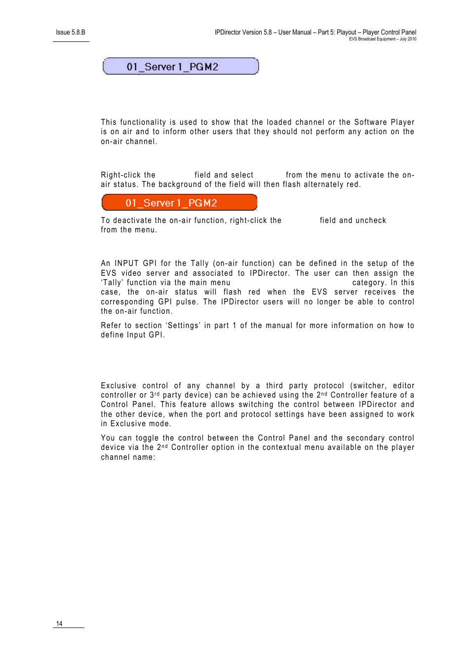 On-air display, Activation and deactivation, Gpi associated to the on-air status | Secondary control mode | EVS IPDirector Version 5.8 - July 2010 Part 5 User's Manual User Manual | Page 23 / 102