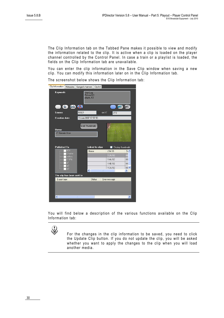 7 clip information tab, Clip information tab, 7 ‘clip information tab | Nformation | EVS IPDirector Version 5.8 - July 2010 Part 5 User's Manual User Manual | Page 39 / 102