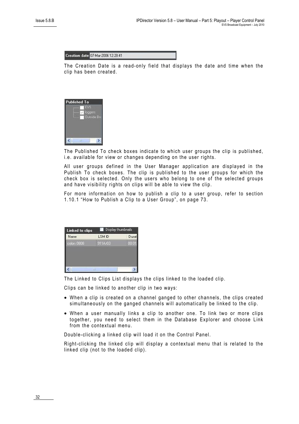 Creation date, Published to check boxes, Linked to clips list | EVS IPDirector Version 5.8 - July 2010 Part 5 User's Manual User Manual | Page 41 / 102