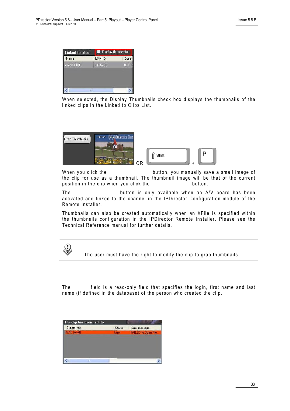 Display thumbnails check box, Grab thumbnails button, Owner field | Clips sent to list | EVS IPDirector Version 5.8 - July 2010 Part 5 User's Manual User Manual | Page 42 / 102