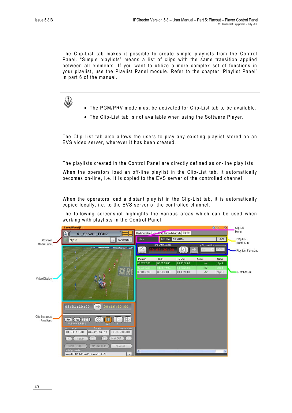 10 clip-list tab, Off-line and on-line playlists, Distant and local playlists | Clip-list tab, 10 ‘clip-list tab, 10 c | EVS IPDirector Version 5.8 - July 2010 Part 5 User's Manual User Manual | Page 49 / 102