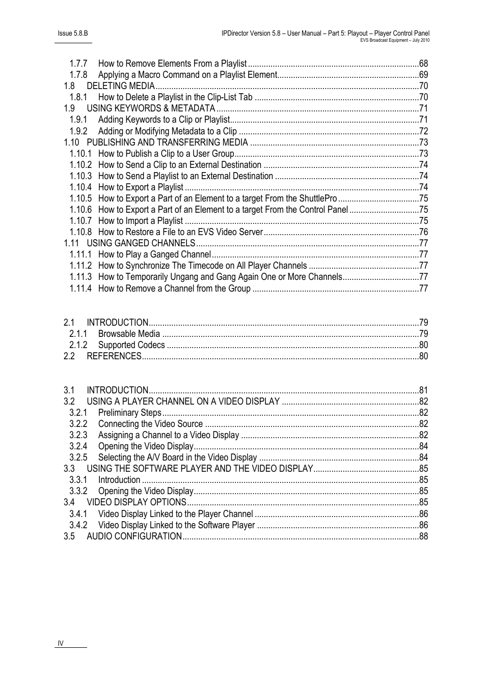 Software player, Video display, Index | EVS IPDirector Version 5.8 - July 2010 Part 5 User's Manual User Manual | Page 5 / 102