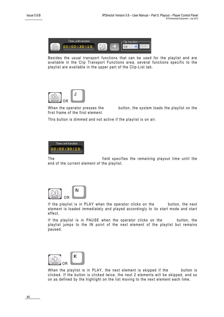 Playlist functions, Recue, Times until transition | Next, Skip | EVS IPDirector Version 5.8 - July 2010 Part 5 User's Manual User Manual | Page 53 / 102