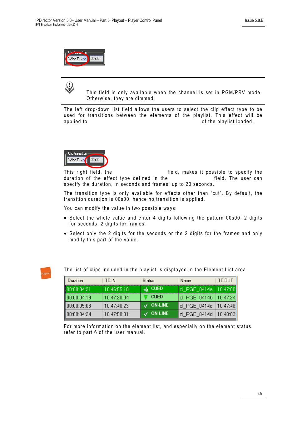 Clip transition – transition type, Clip transition – transition duration, Element list | EVS IPDirector Version 5.8 - July 2010 Part 5 User's Manual User Manual | Page 54 / 102