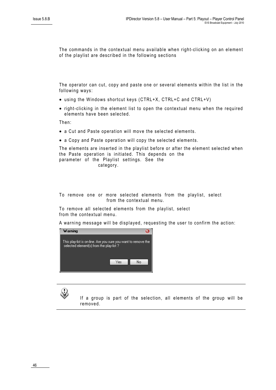 Clip-list element contextual menu, Cut/copy/paste an element, Remove element / remove all elements | EVS IPDirector Version 5.8 - July 2010 Part 5 User's Manual User Manual | Page 55 / 102