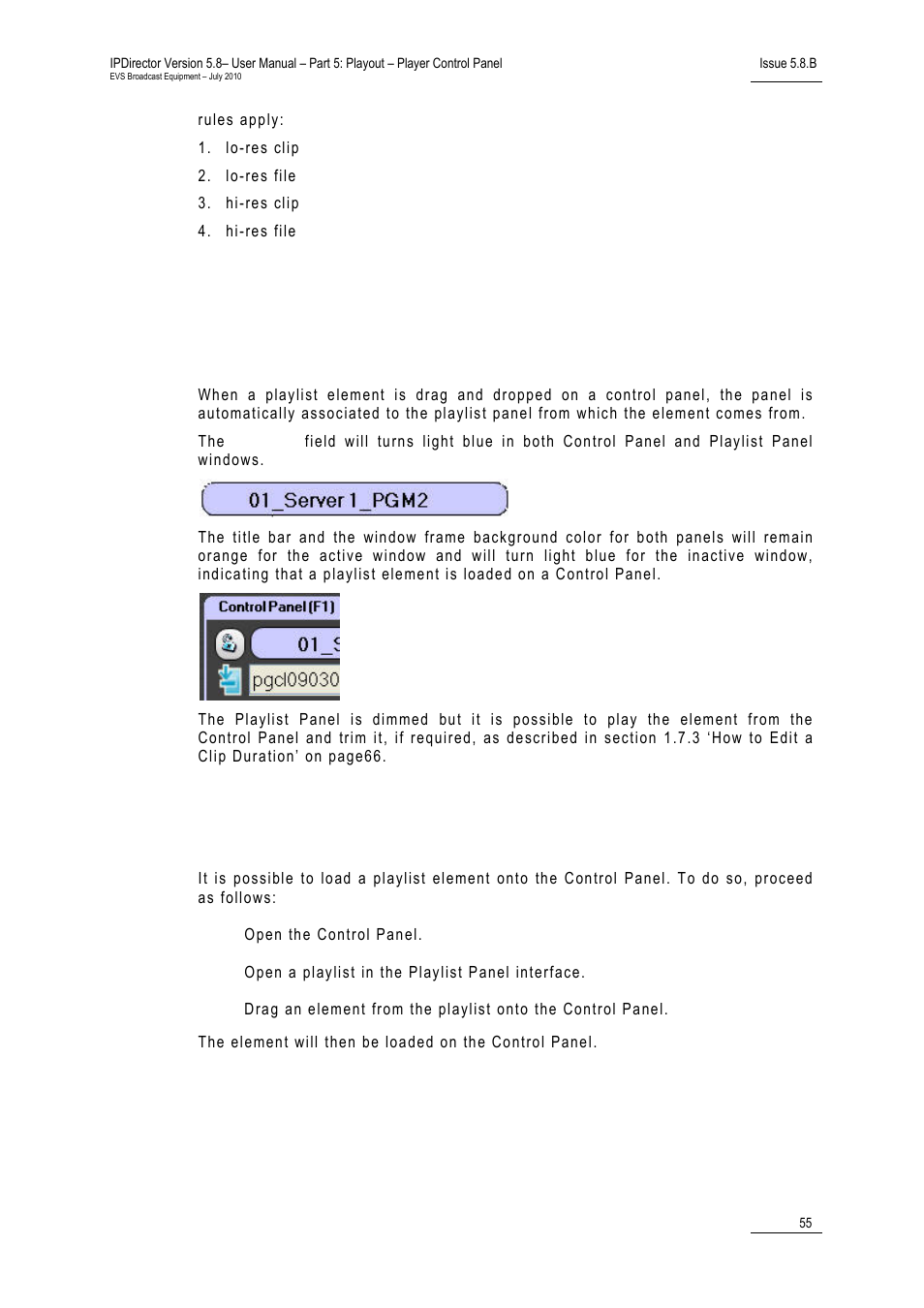 Introduction, Loading a playlist element onto the control panel, Oading a | Laylist, Lement onto the, Ontrol, Anel | EVS IPDirector Version 5.8 - July 2010 Part 5 User's Manual User Manual | Page 64 / 102