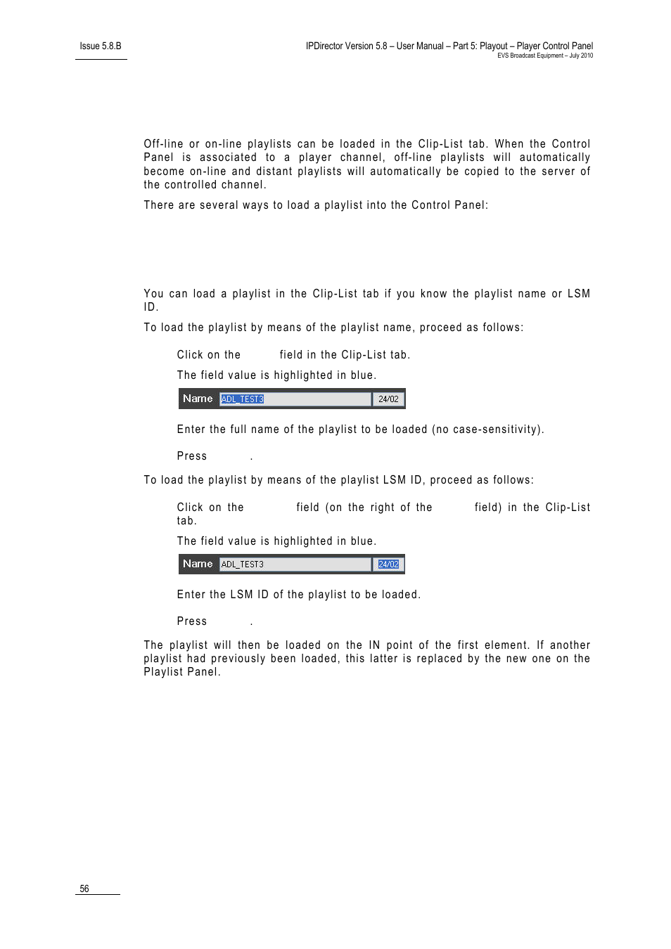 4 loading a playlist in the clip-list tab, Loading a playlist in the clip-list tab, Oading a | Laylist in the | EVS IPDirector Version 5.8 - July 2010 Part 5 User's Manual User Manual | Page 65 / 102