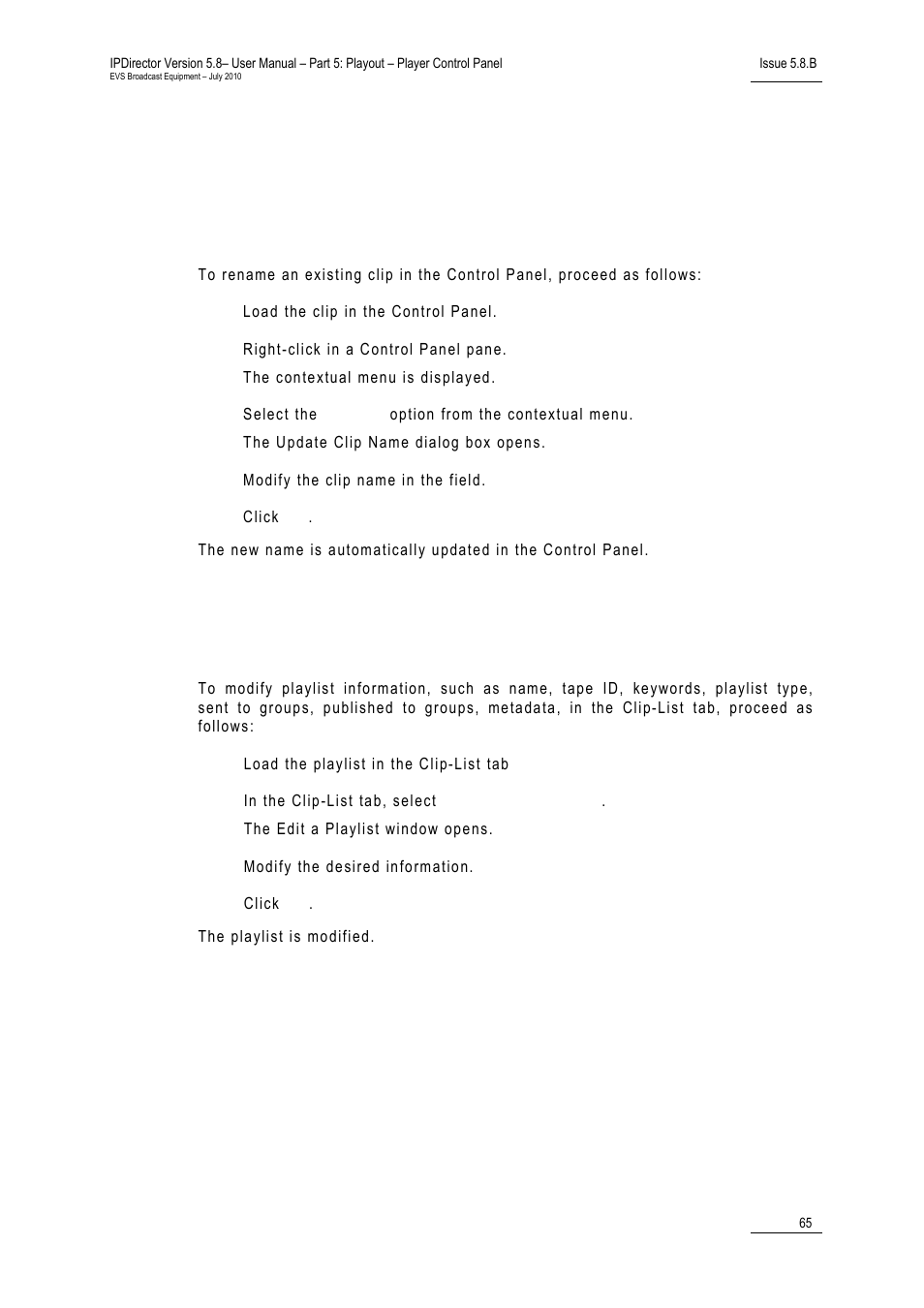 7 editing media, 1 how to rename a loaded clip, Editing media | How to rename a loaded clip | EVS IPDirector Version 5.8 - July 2010 Part 5 User's Manual User Manual | Page 74 / 102