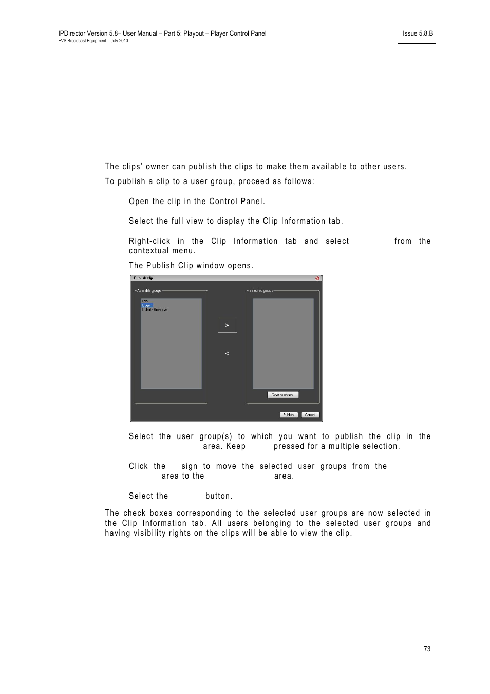 10 publishing and transferring media, 1 how to publish a clip to a user group, Publishing and transferring media | How to publish a clip to a user group, Ow to, Ublish a, Lip to a, Roup | EVS IPDirector Version 5.8 - July 2010 Part 5 User's Manual User Manual | Page 82 / 102