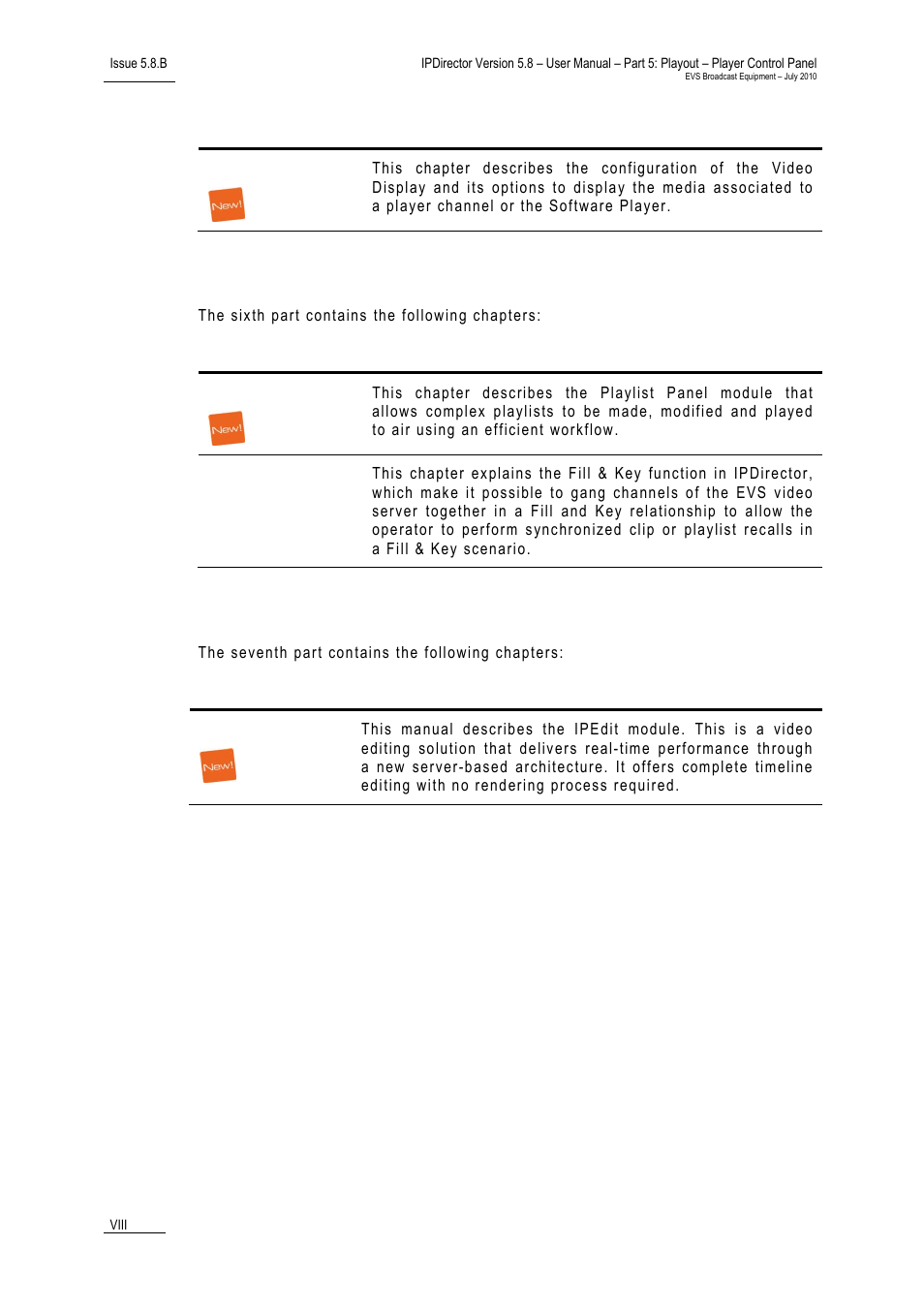 Part 6: playout – playlist panel, Part 7: editing | EVS IPDirector Version 5.8 - July 2010 Part 5 User's Manual User Manual | Page 9 / 102