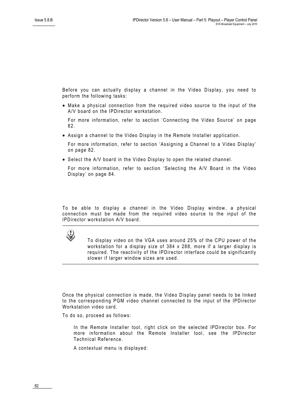 2 using a player channel on a video display, 1 preliminary steps, 2 connecting the video source | 3 assigning a channel to a video display, Using a player channel on a video display, Preliminary steps, Connecting the video source, Assigning a channel to a video display | EVS IPDirector Version 5.8 - July 2010 Part 5 User's Manual User Manual | Page 91 / 102
