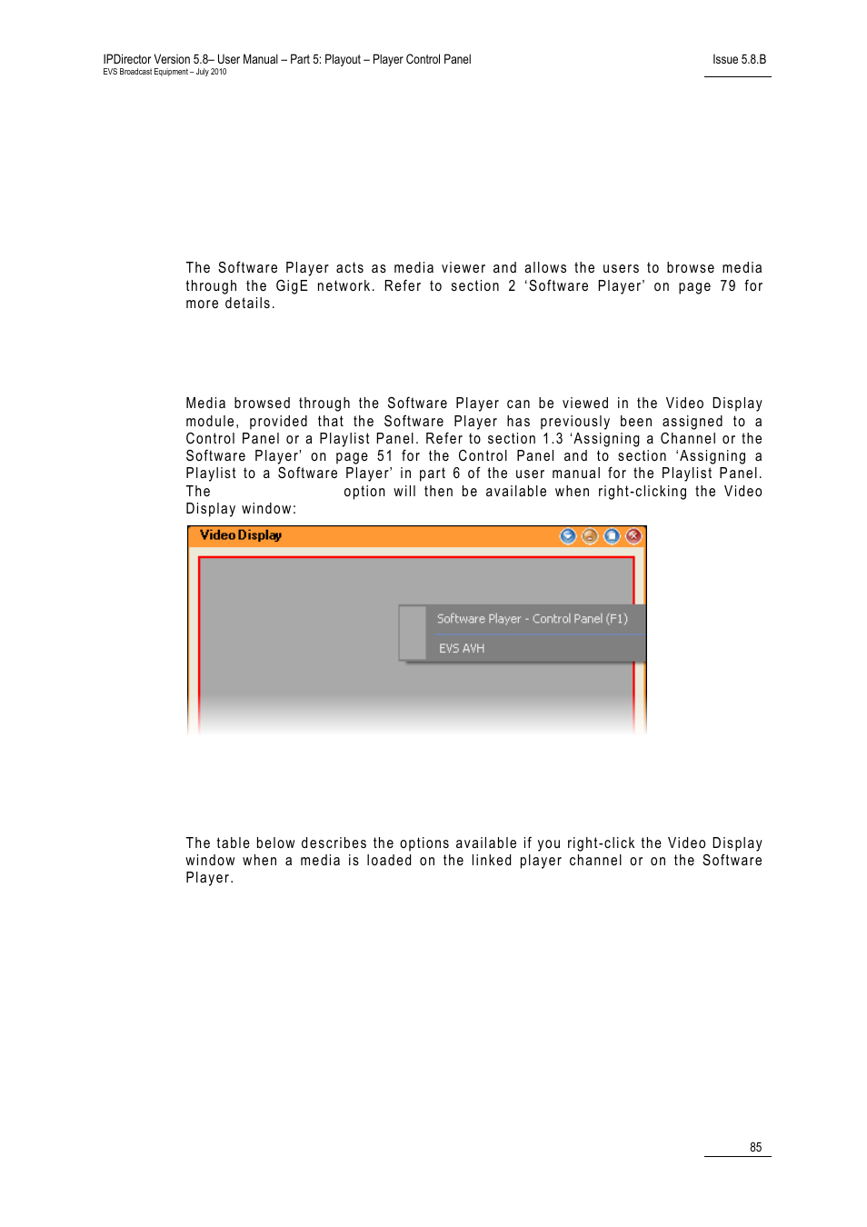 3 using the software player and the video display, 1 introduction, 2 opening the video display | 4 video display options, Using the software player and the video display, Introduction, Opening the video display, Video display options | EVS IPDirector Version 5.8 - July 2010 Part 5 User's Manual User Manual | Page 94 / 102