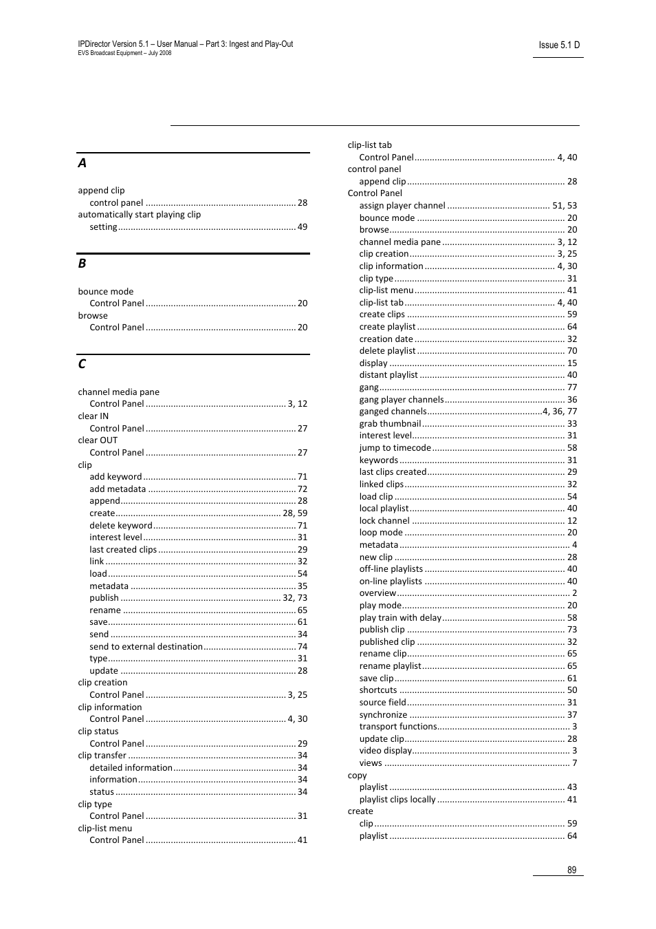 Index | EVS IPDirector Version 5.8 - July 2010 Part 5 User's Manual User Manual | Page 98 / 102
