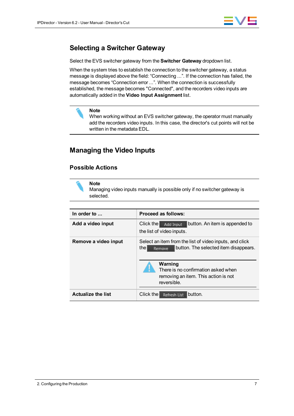 Selecting a switcher gateway, Managing the video inputs | EVS IPDirector Version 6.2 - June 2013 DIRECTOR’S CUT User Manual User Manual | Page 15 / 34