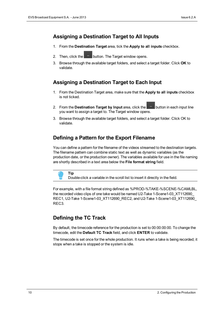 Assigning a destination target to all inputs, Assigning a destination target to each input, Defining a pattern for the export filename | Defining the tc track | EVS IPDirector Version 6.2 - June 2013 DIRECTOR’S CUT User Manual User Manual | Page 18 / 34