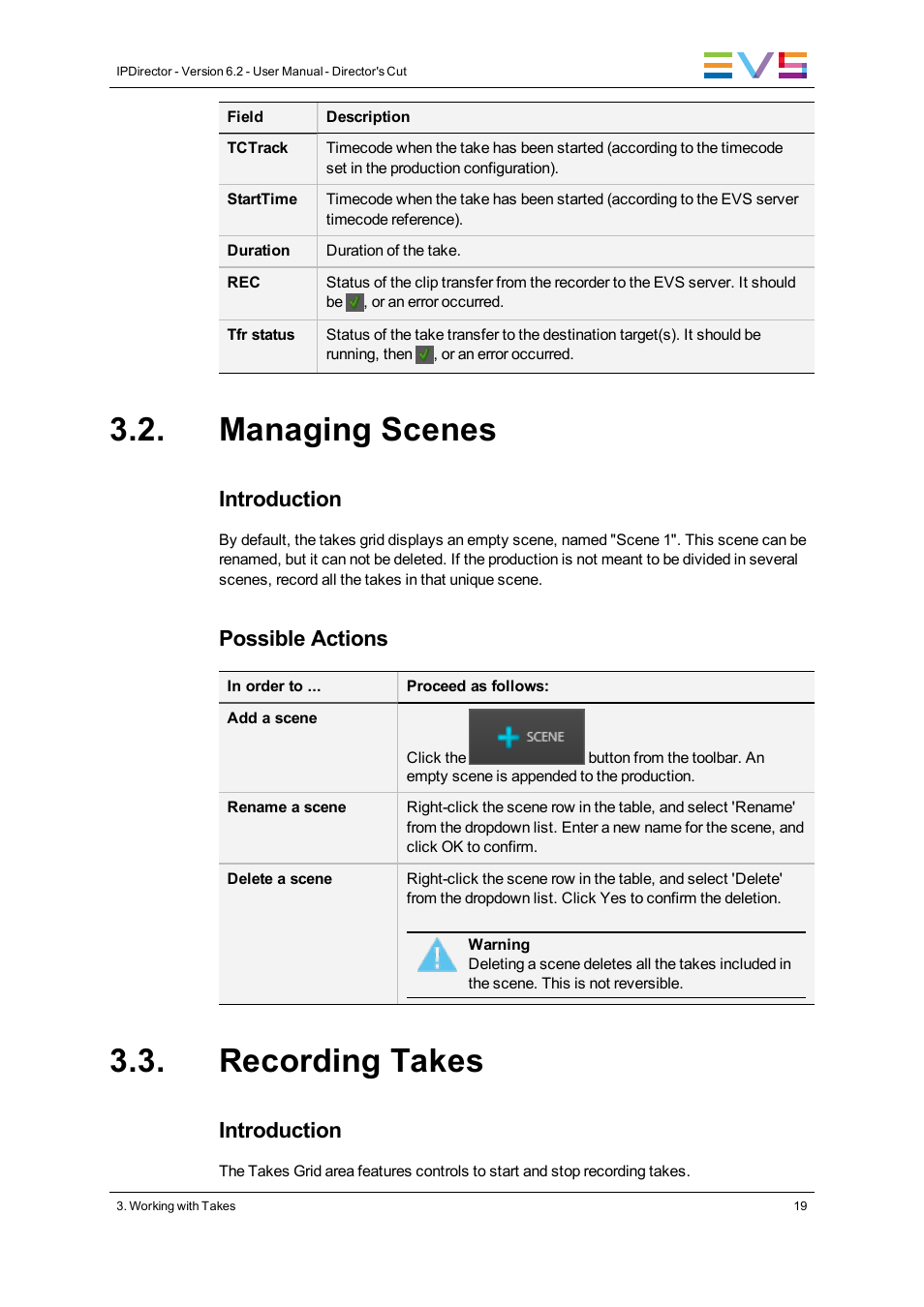 Managing scenes, Recording takes, Introduction | Possible actions | EVS IPDirector Version 6.2 - June 2013 DIRECTOR’S CUT User Manual User Manual | Page 27 / 34