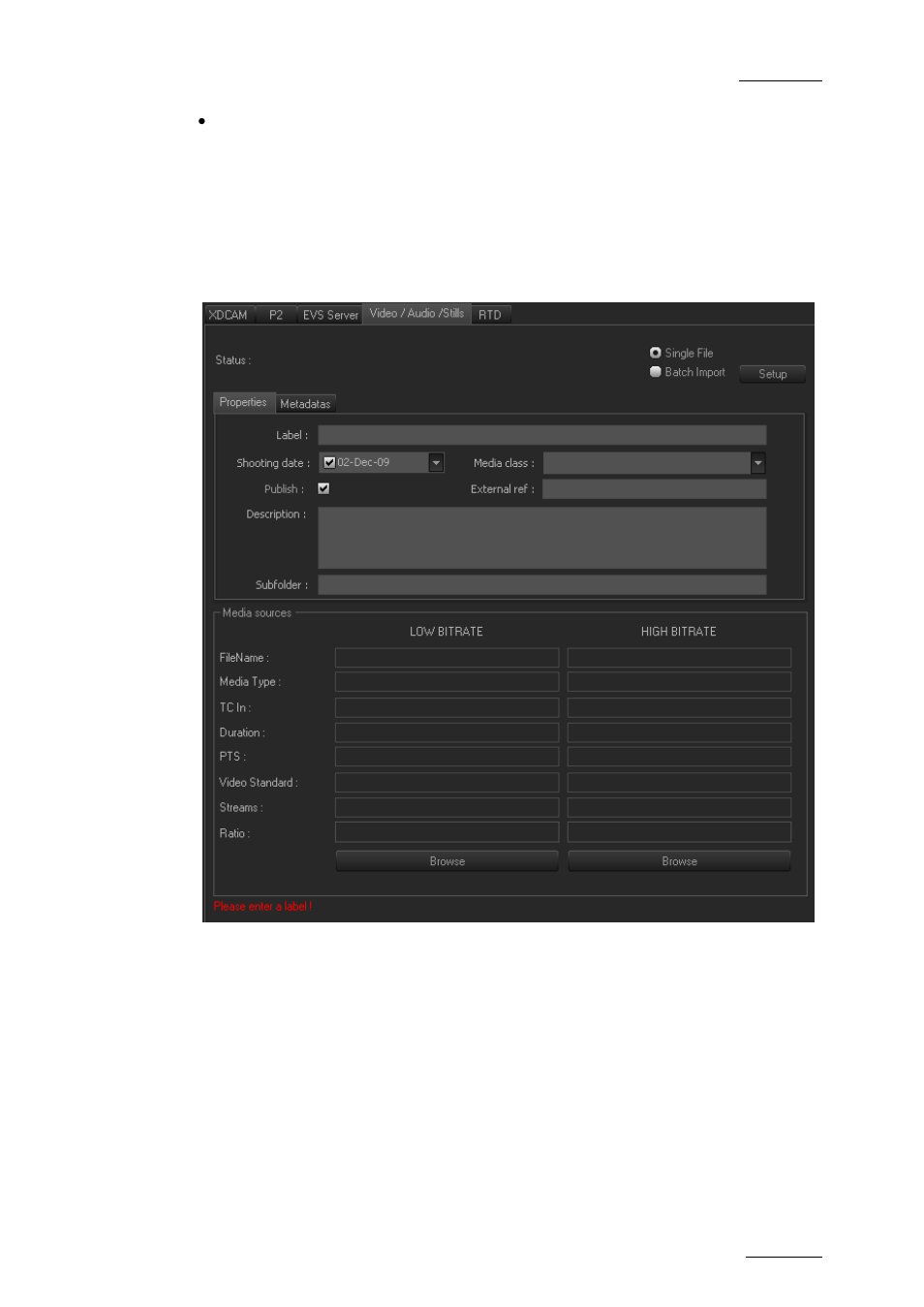 2 single file import, Single file import, Ingle | Mport | EVS XEDIO Importer Version 4.2 - June 2012 User Manual User Manual | Page 25 / 38