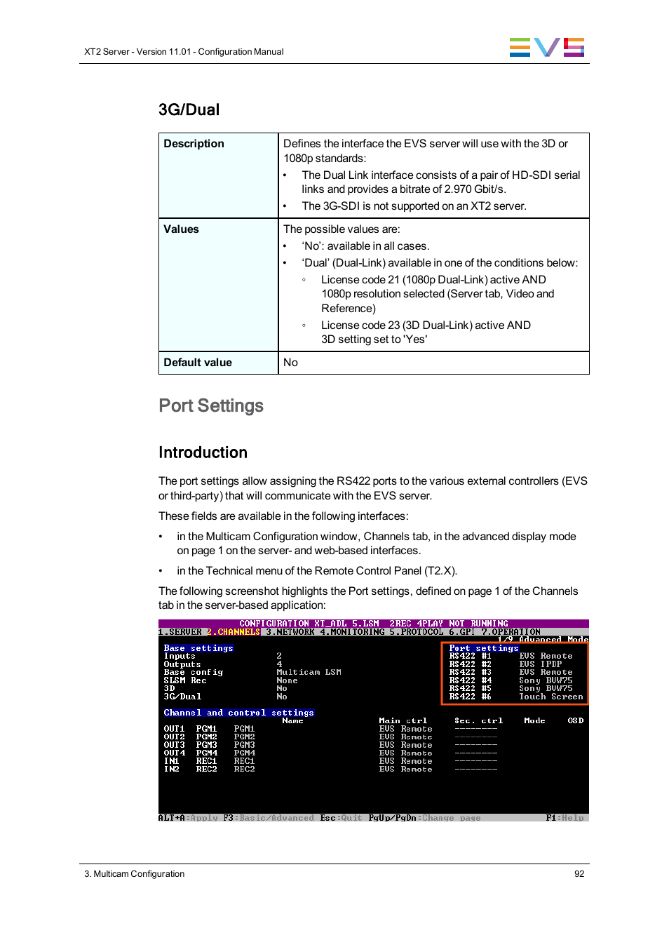 Port settings, 3g/dual, Introduction | EVS XT2 Version 11.01 - November 2012 Configuration Manual User Manual | Page 102 / 226