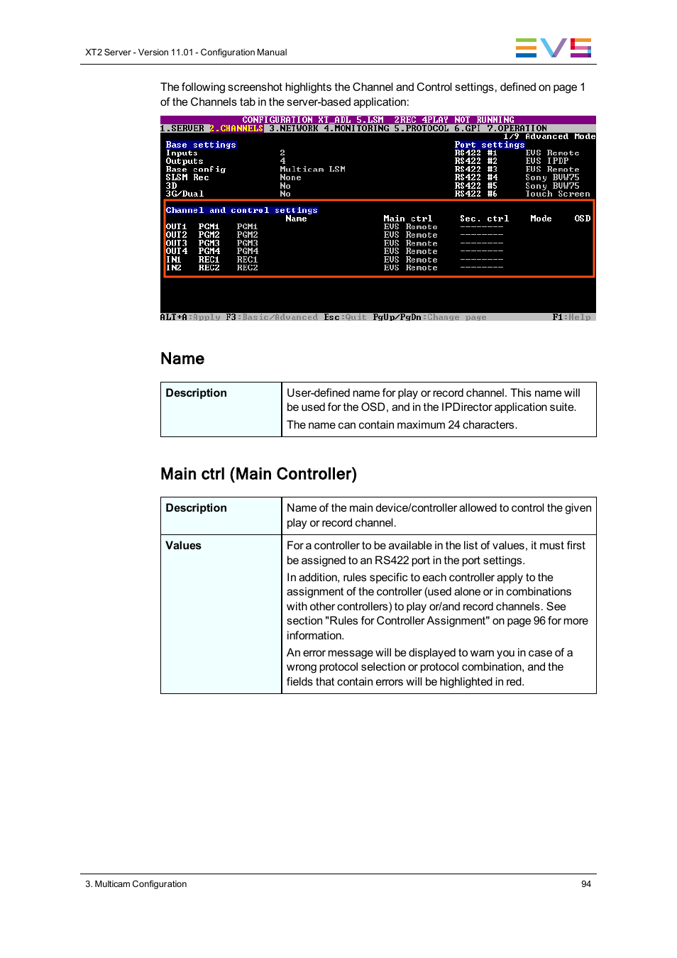 Name, Main ctrl (main controller) | EVS XT2 Version 11.01 - November 2012 Configuration Manual User Manual | Page 104 / 226