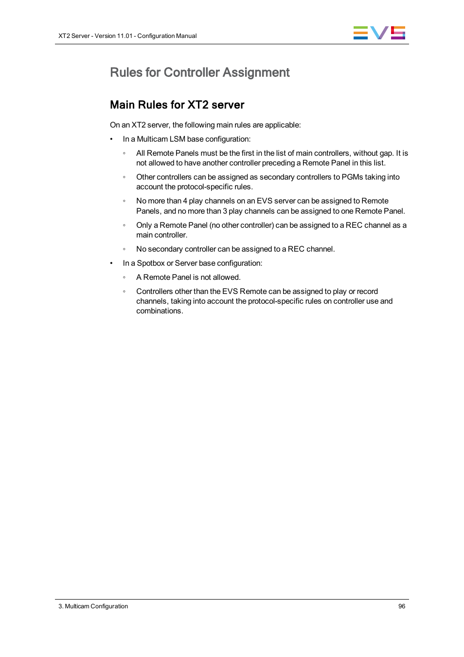 Rules for controller assignment, Main rules for xt2 server | EVS XT2 Version 11.01 - November 2012 Configuration Manual User Manual | Page 106 / 226