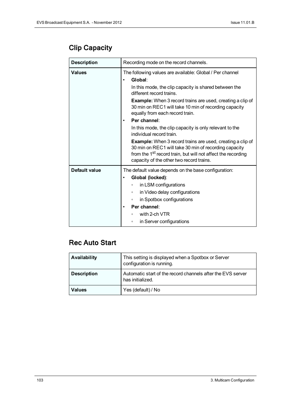 Clip capacity, Rec auto start | EVS XT2 Version 11.01 - November 2012 Configuration Manual User Manual | Page 113 / 226