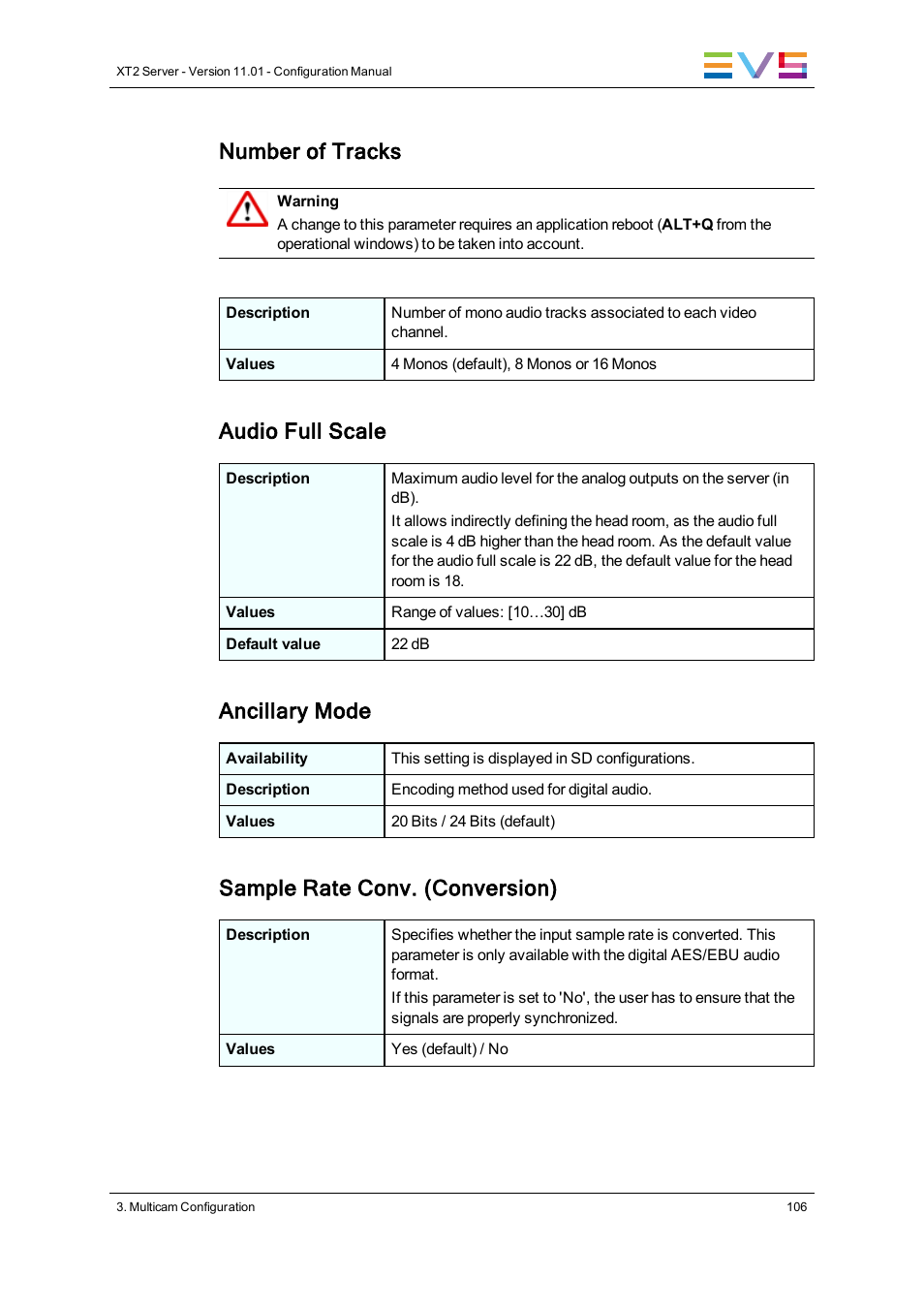 Number of tracks, Audio full scale, Ancillary mode | Sample rate conv. (conversion) | EVS XT2 Version 11.01 - November 2012 Configuration Manual User Manual | Page 116 / 226