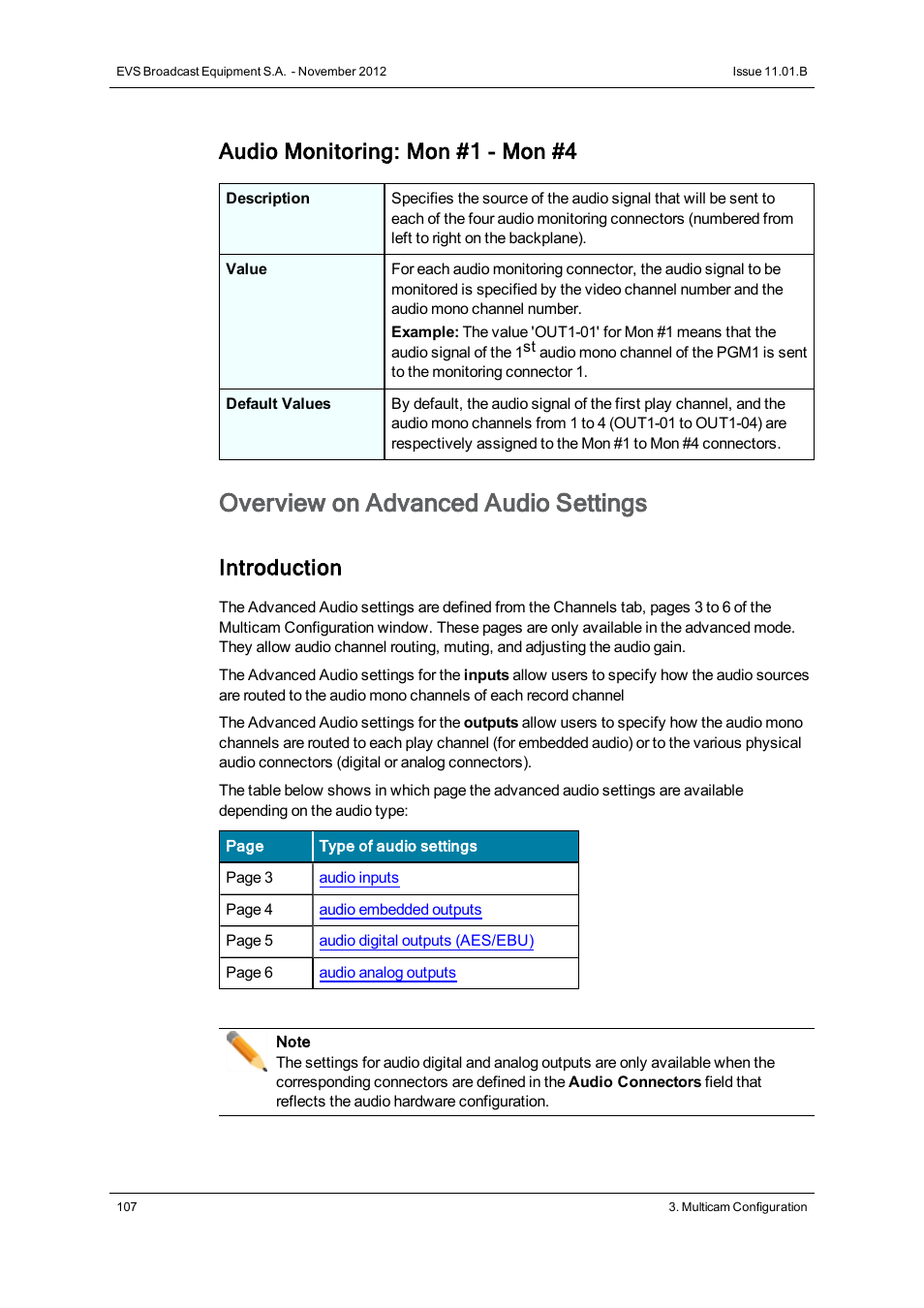 Advanced audio settings, Overview on advanced audio settings, Audio monitoring: mon #1 - mon #4 | Introduction | EVS XT2 Version 11.01 - November 2012 Configuration Manual User Manual | Page 117 / 226