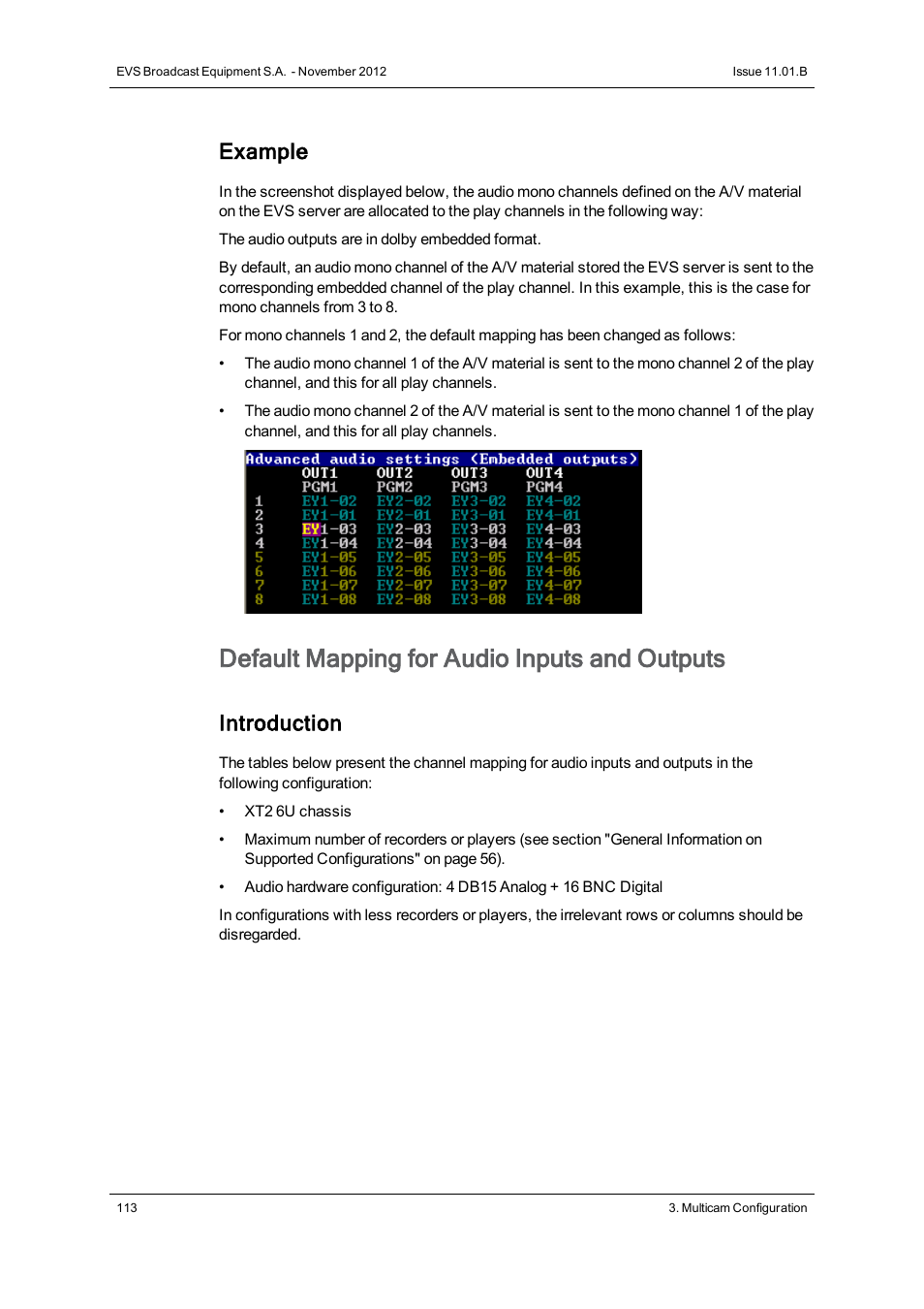 Default mapping for audio inputs and outputs, Example, Introduction | EVS XT2 Version 11.01 - November 2012 Configuration Manual User Manual | Page 123 / 226