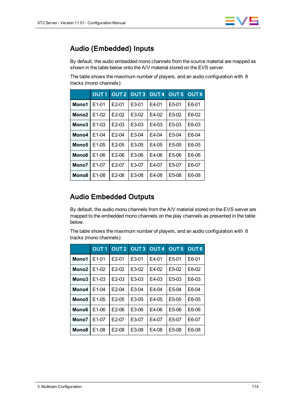 Audio (embedded) inputs, Audio embedded outputs | EVS XT2 Version 11.01 - November 2012 Configuration Manual User Manual | Page 124 / 226