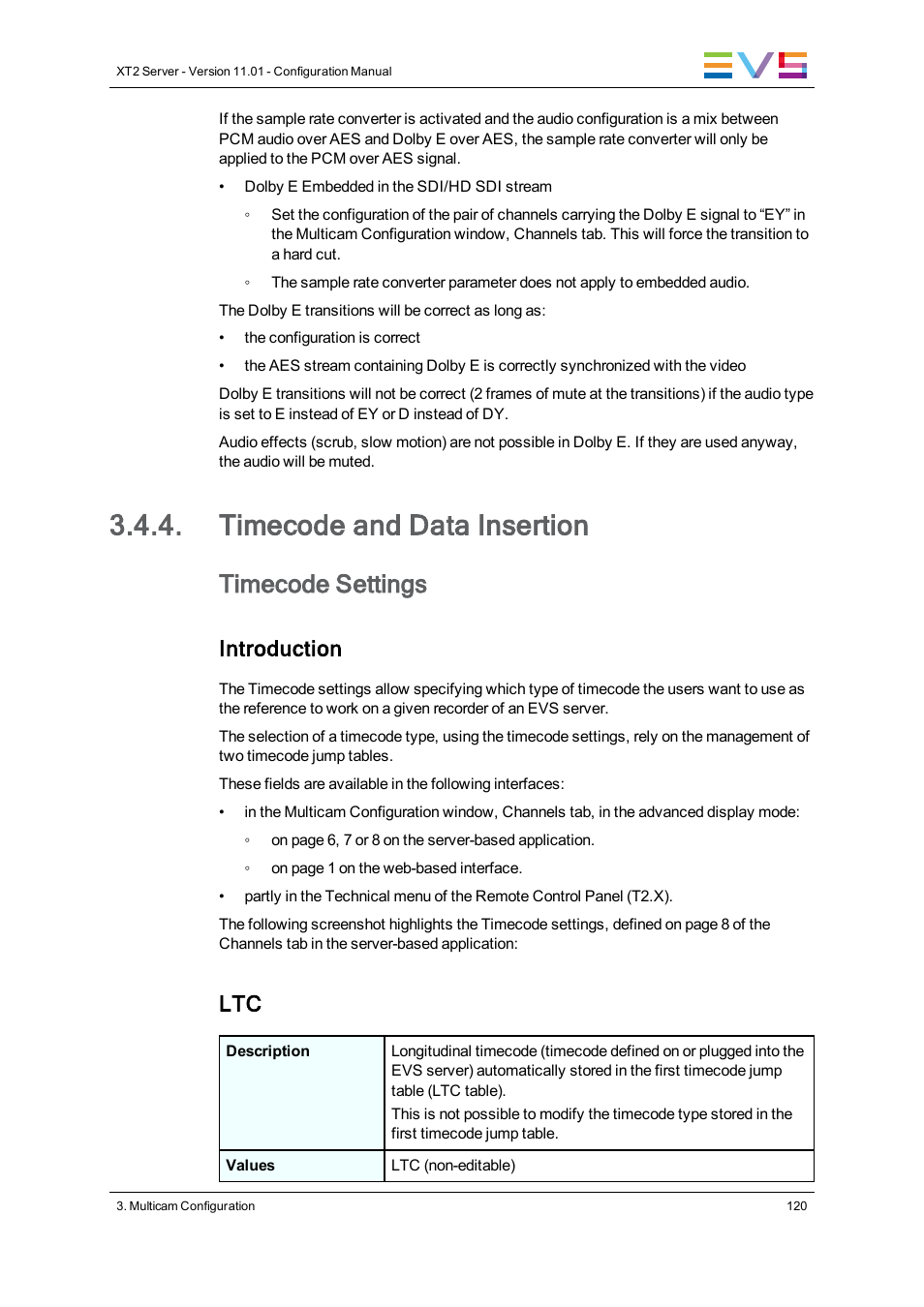 Timecode and data insertion, Timecode settings, Introduction | EVS XT2 Version 11.01 - November 2012 Configuration Manual User Manual | Page 130 / 226