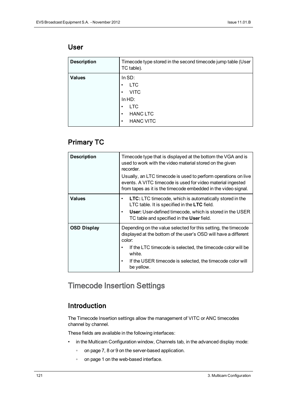 Timecode insertion settings, User, Primary tc | Introduction | EVS XT2 Version 11.01 - November 2012 Configuration Manual User Manual | Page 131 / 226
