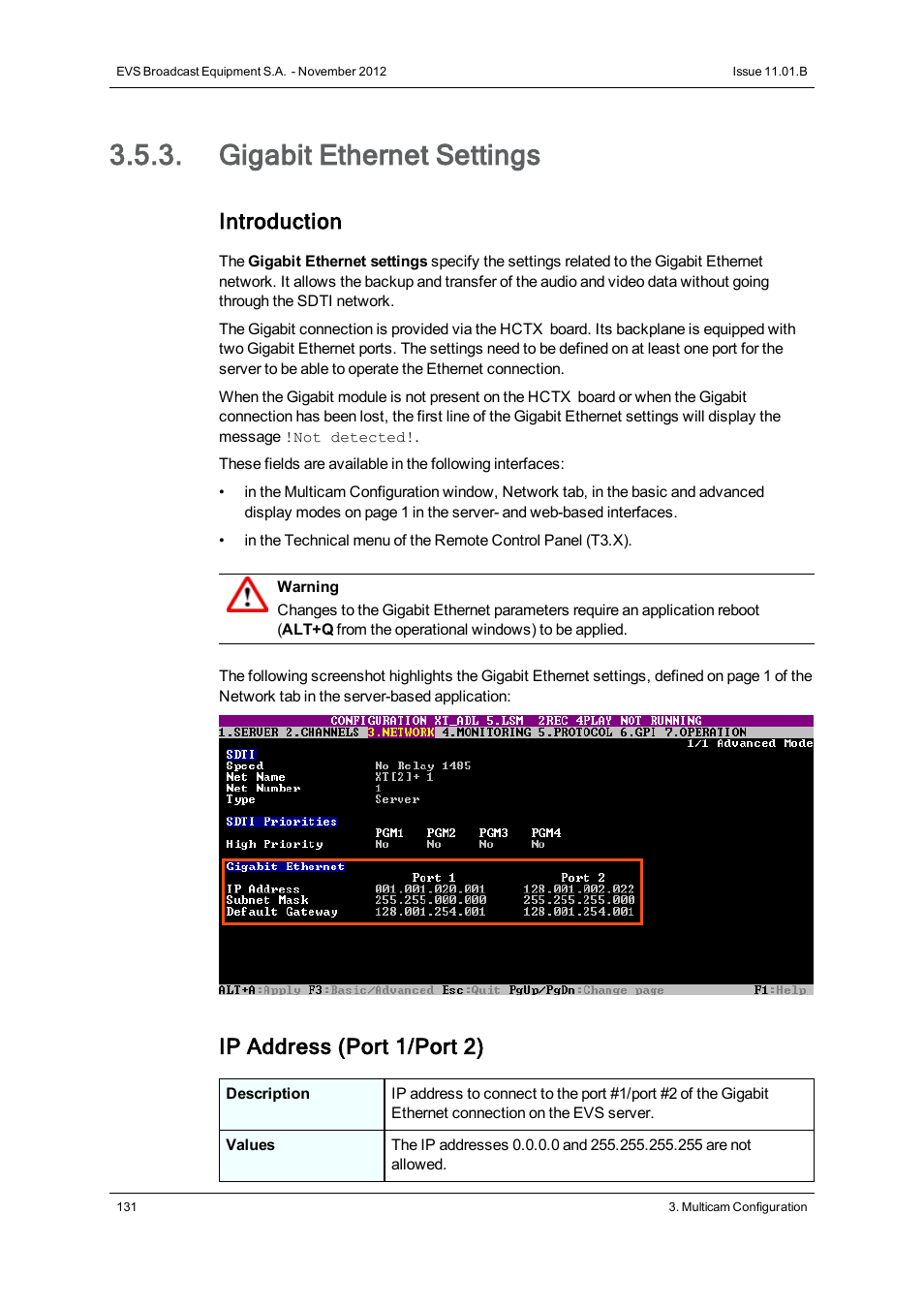 Gigabit ethernet settings, Introduction, Ip address (port 1/port 2) | EVS XT2 Version 11.01 - November 2012 Configuration Manual User Manual | Page 141 / 226