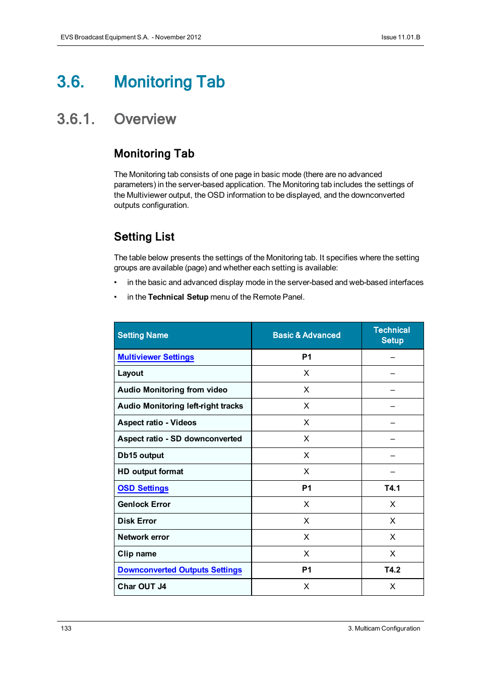 Monitoring tab, Overview, Monitoring settings | Setting list | EVS XT2 Version 11.01 - November 2012 Configuration Manual User Manual | Page 143 / 226