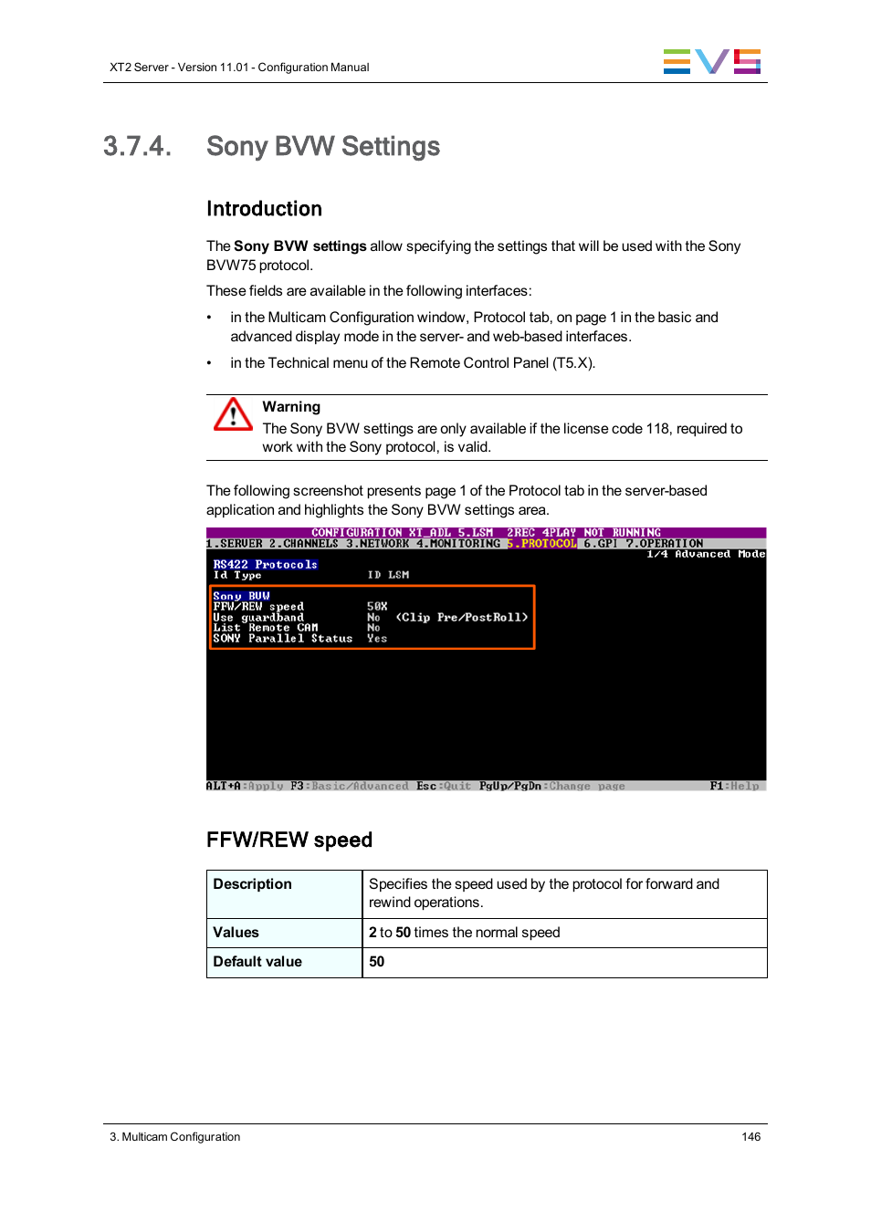 Sony bvw settings, Introduction, Ffw/rew speed | EVS XT2 Version 11.01 - November 2012 Configuration Manual User Manual | Page 156 / 226