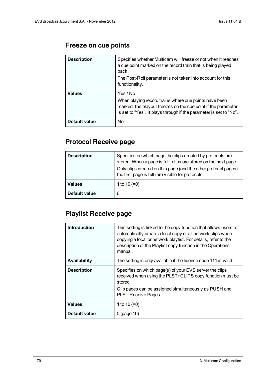 Freeze on cue points, Protocol receive page, Playlist receive page | EVS XT2 Version 11.01 - November 2012 Configuration Manual User Manual | Page 189 / 226