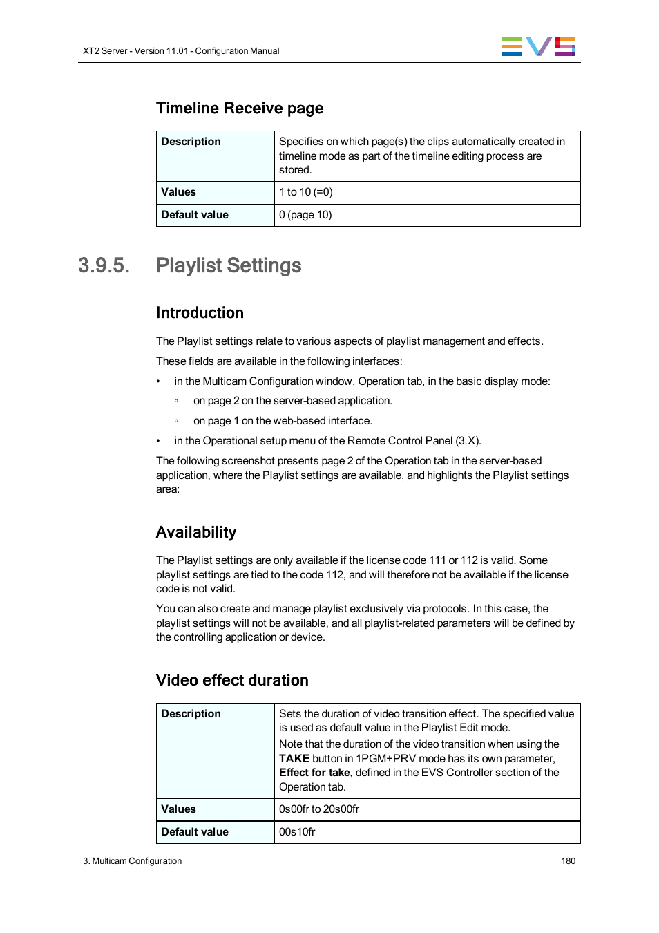 Playlist settings, Timeline receive page, Introduction | Availability, Video effect duration | EVS XT2 Version 11.01 - November 2012 Configuration Manual User Manual | Page 190 / 226