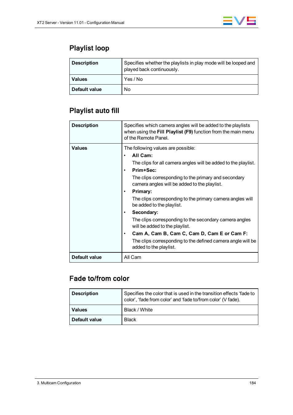 Playlist loop, Playlist auto fill, Fade to/from color | EVS XT2 Version 11.01 - November 2012 Configuration Manual User Manual | Page 194 / 226