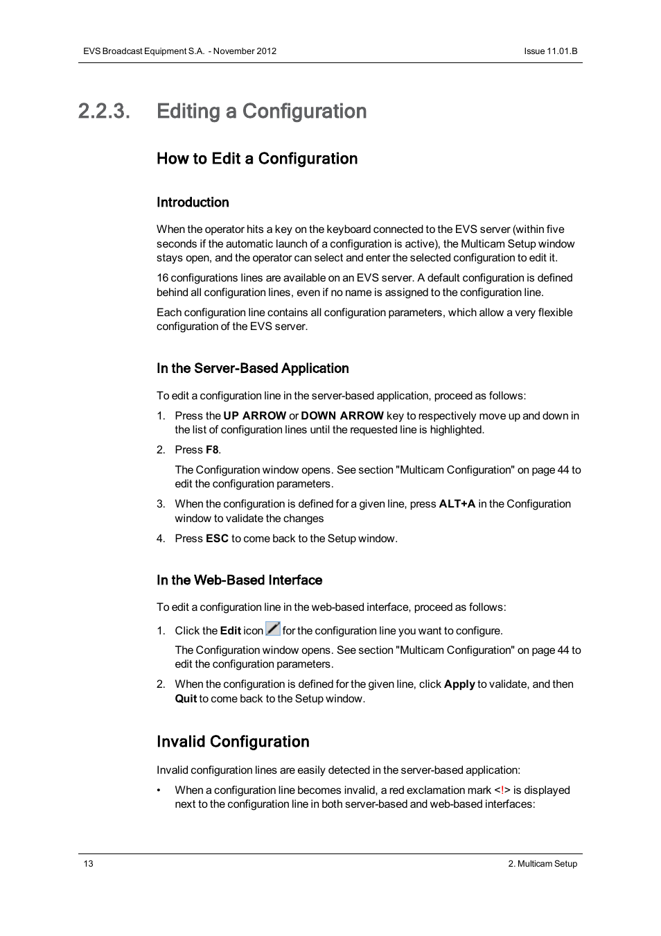 Editing a configuration, How to edit a configuration, Invalid configuration | EVS XT2 Version 11.01 - November 2012 Configuration Manual User Manual | Page 23 / 226
