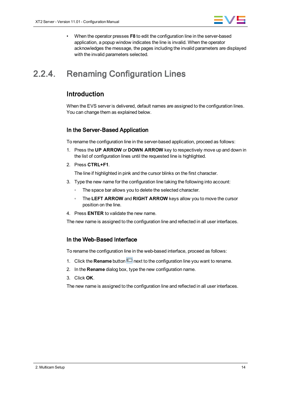 Renaming configuration lines, Introduction | EVS XT2 Version 11.01 - November 2012 Configuration Manual User Manual | Page 24 / 226