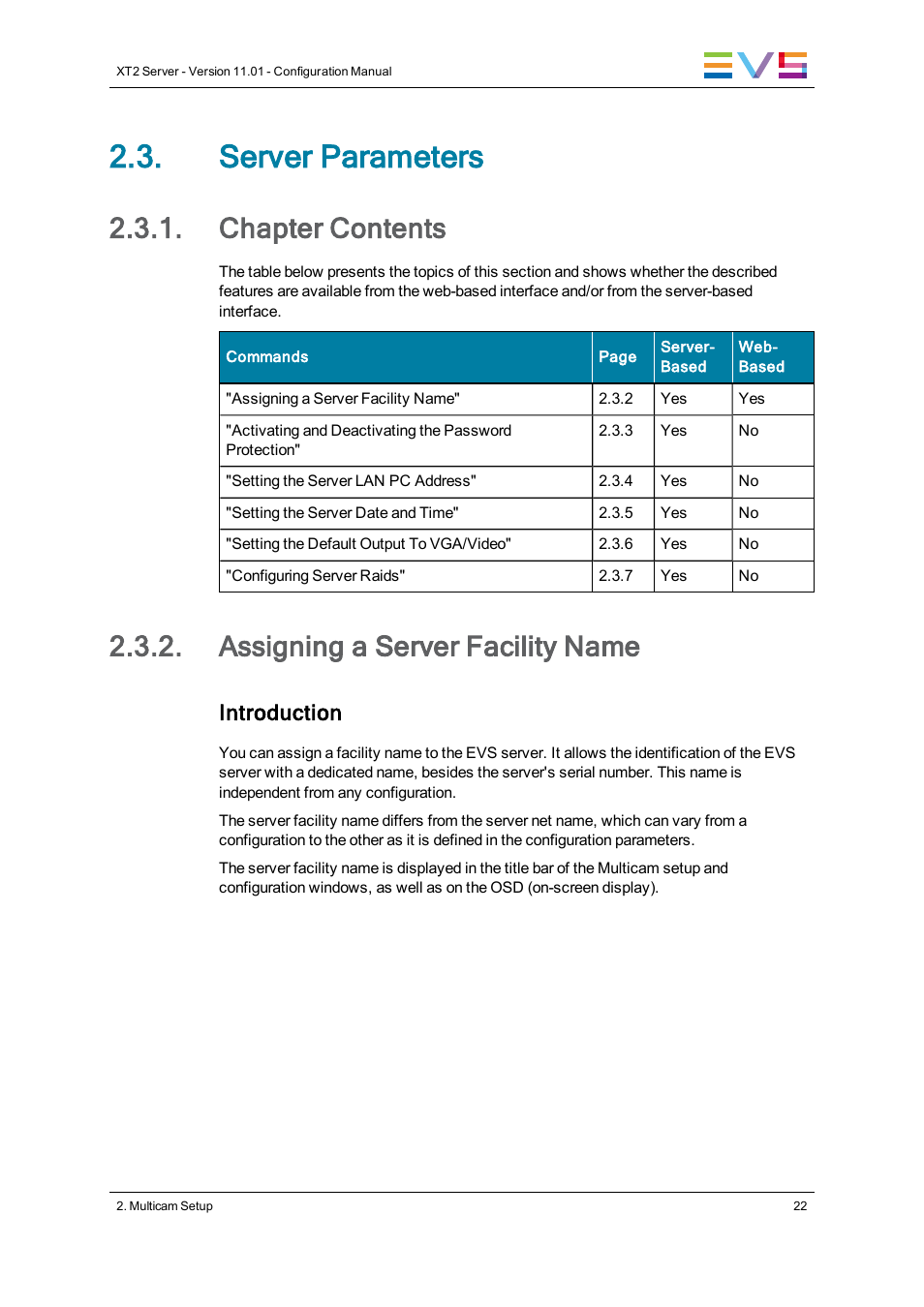 Server parameters, Chapter contents, Assigning a server facility name | Assign server facility name, Introduction | EVS XT2 Version 11.01 - November 2012 Configuration Manual User Manual | Page 32 / 226