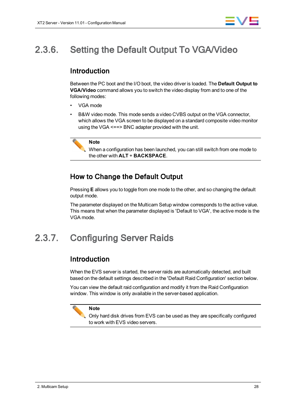 Setting the default output to vga/video, Configuring server raids, Raid configuration | Default to vga, Introduction, How to change the default output | EVS XT2 Version 11.01 - November 2012 Configuration Manual User Manual | Page 38 / 226